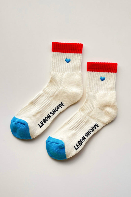 Embroidered Color Block Girlfriend Socks (wholesale): BLUE RED + HEART